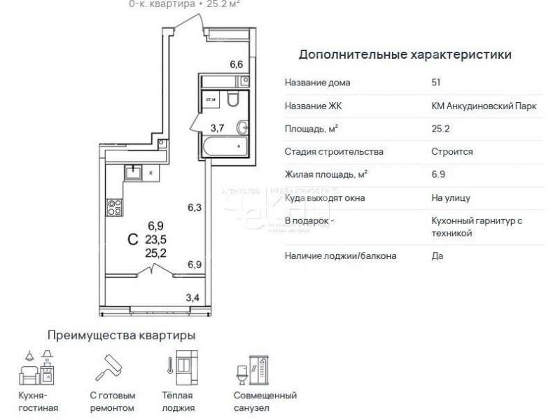 однокомнатная квартира примерно в 0,3 км на северо-восток от д.Анкудиновка, д.3 в ЖК КМ Анкудиновский парк деревня Анкудиновка