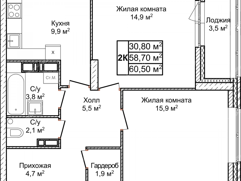 двухкомнатная квартира в ЖК Новое Ольгино, дом 1