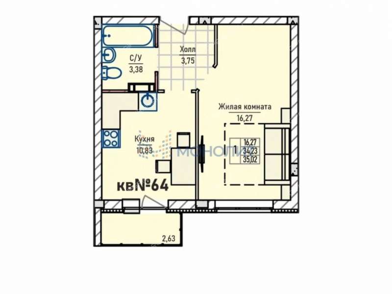 однокомнатная квартира в Инженерном проезде дом 7 к2