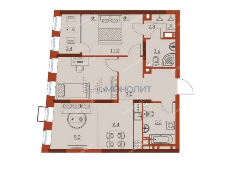двухкомнатная квартира в новостройке на улице Октябрьской Революции