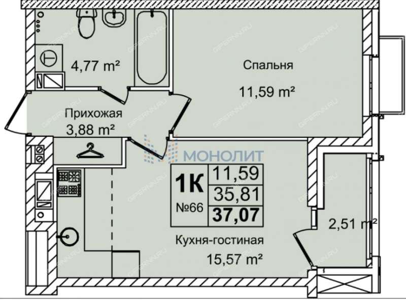 однокомнатная квартира в новостройке на улице Красных Зорь